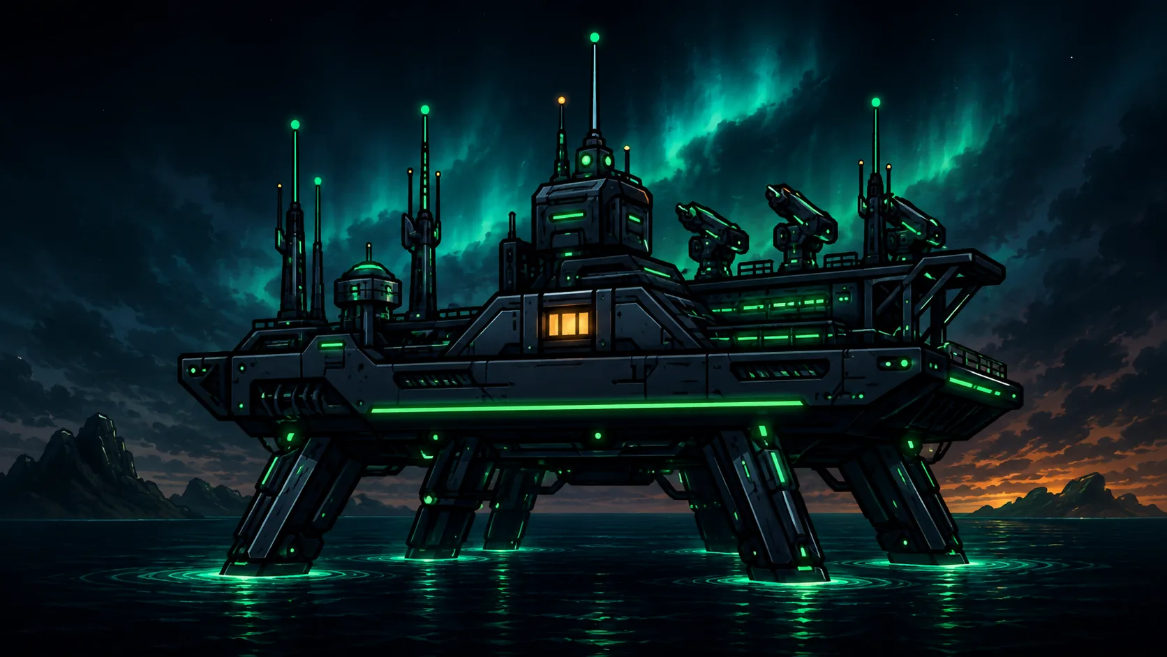 A night-time offshore rig station lit by green phosphor light beneath a teal aurora.